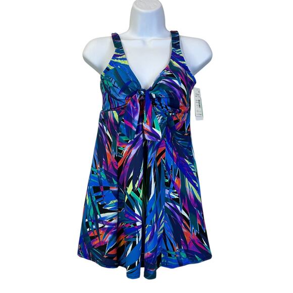 Swim Solutions Bow-Front Swim Dress Black Multicolor 60202186 Women's 10 NWT - Picture 2 of 10